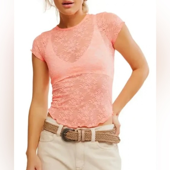 Free People Ready To Go Lace Tee - Flamingo Pink - small - Picture 3 of 6